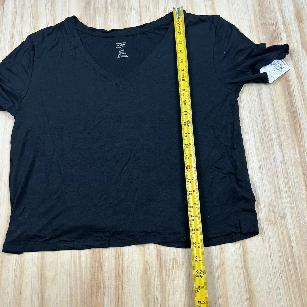 Auden NEW L V-Neck Cloud Knit Sleepwear Short Sleeve Tee‎ Top Black Women